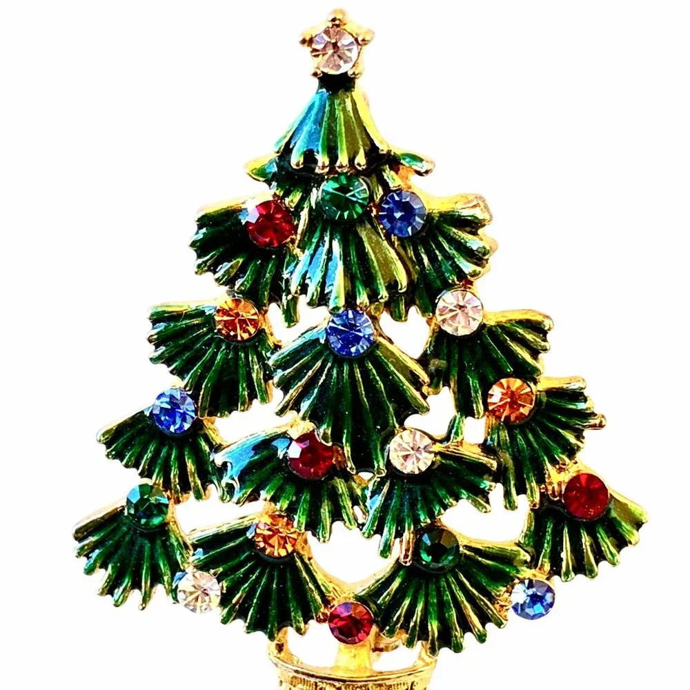 EISENBERG ICE Vintage Christmas Tree Brooch Green Enamel & Rhinestones Signed